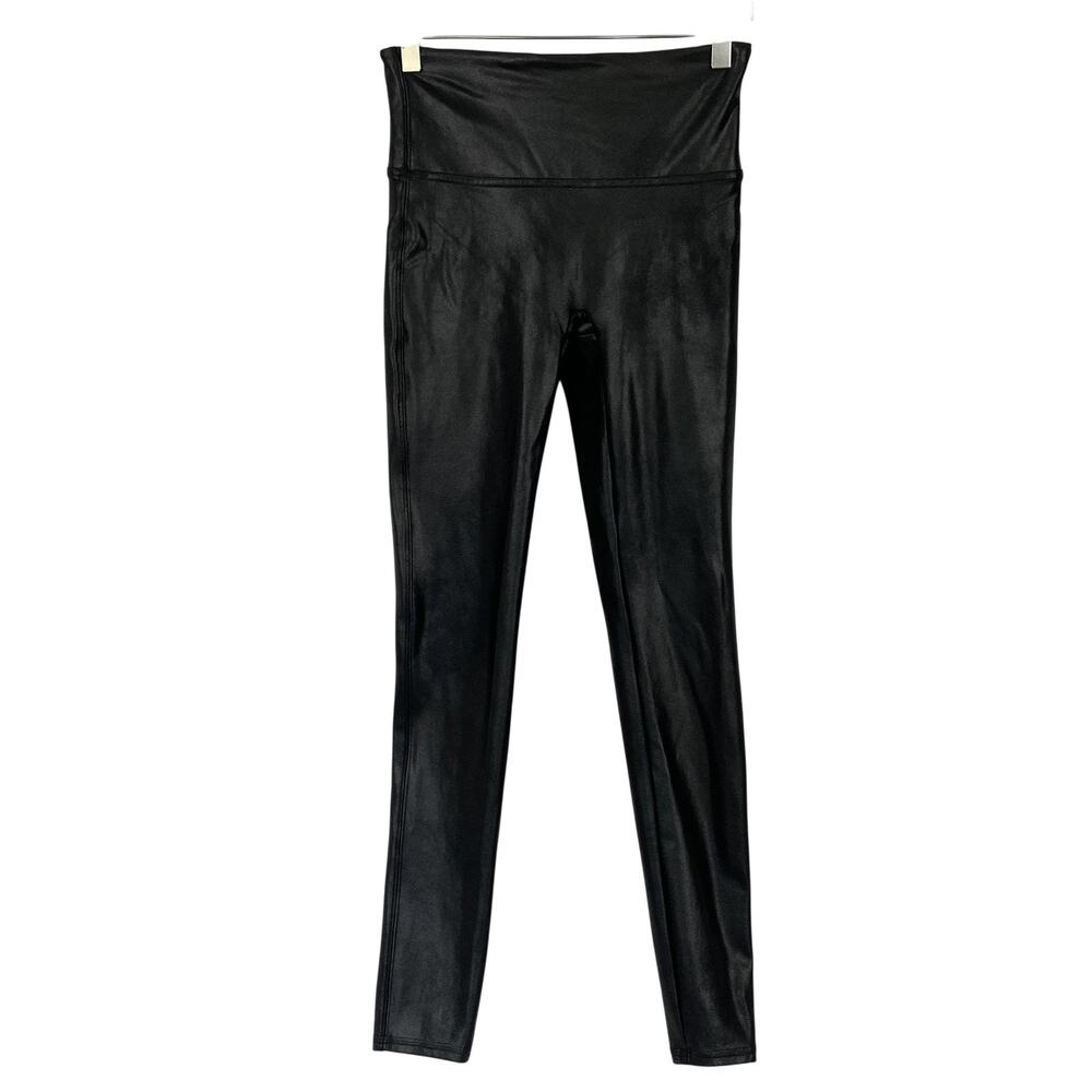 Spanx Faux Leather Leggings Womens Medium Black High Rise Shaping Ankle Shiny